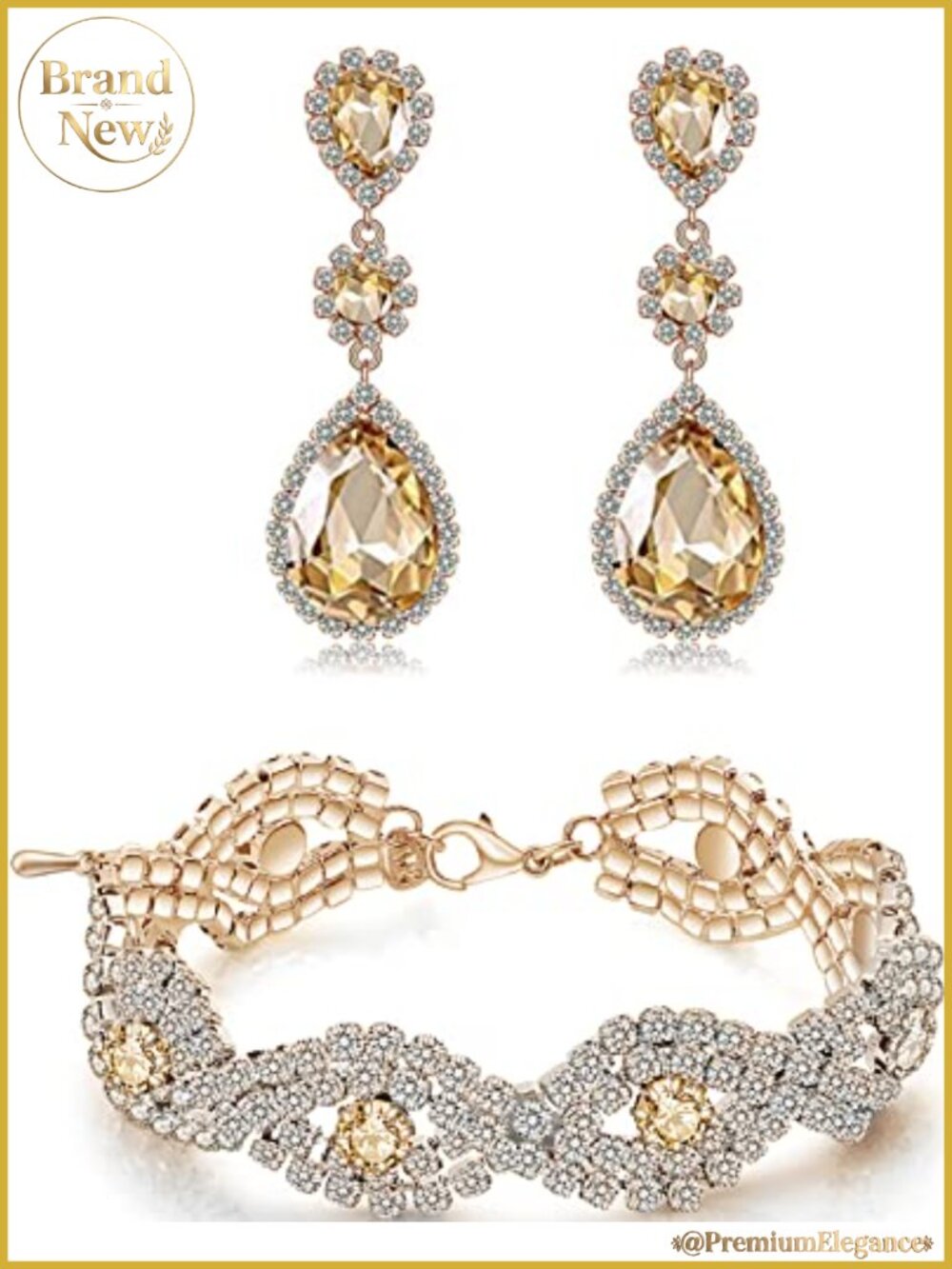 Gold Plated Crystal Rhinestone Infinity Dangle Earrings & Tennis Bracelet
